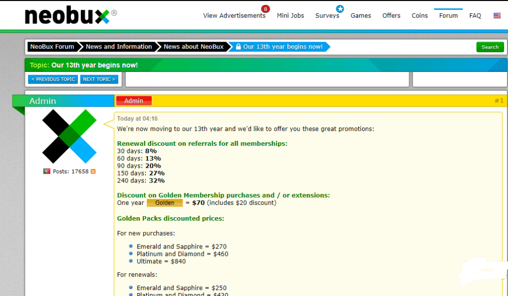 neobux offer golden membership 2020 13th year 