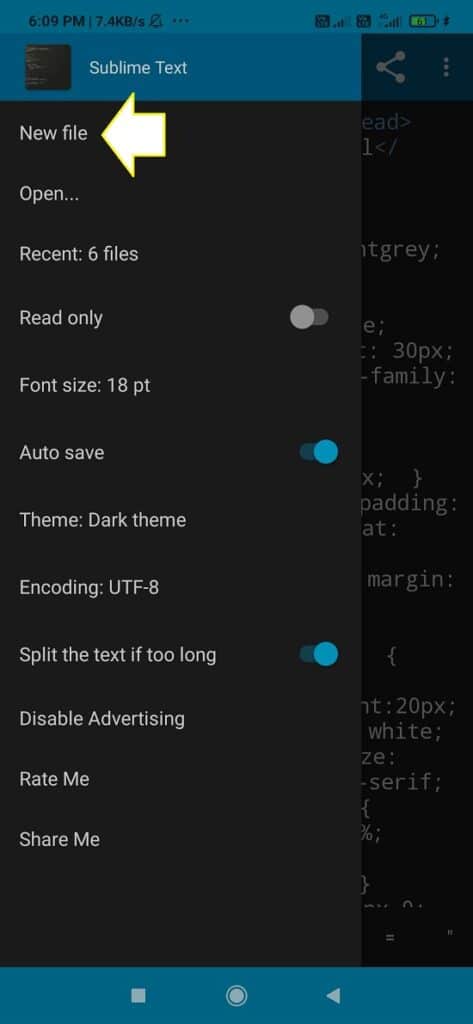 how to create an HTML file in an android phone using sublime text editor mobile app